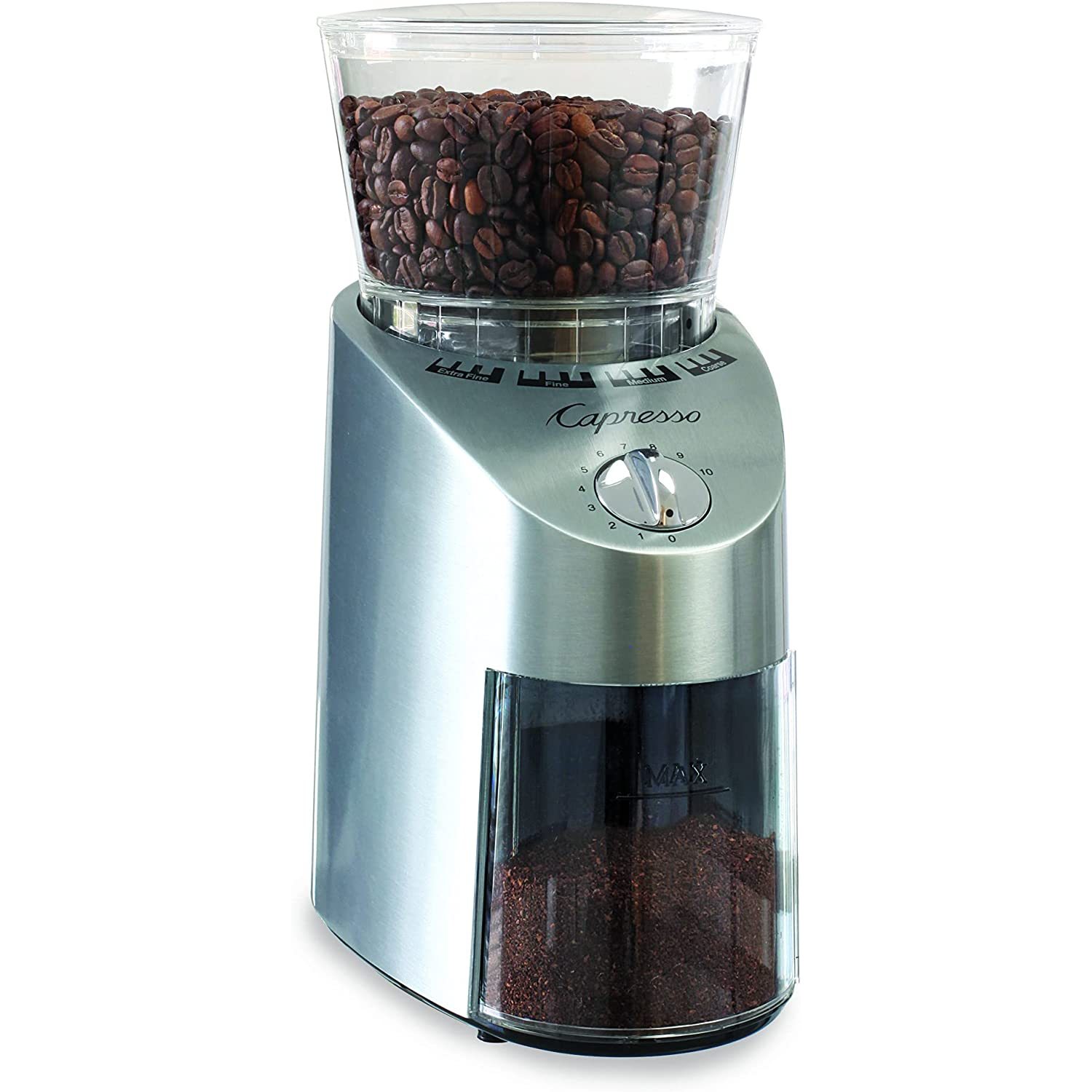 Infinity Conical Burr Grinder, Seethrough bean container holds up to 8