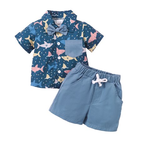 

Kucnuzki 2T Toddler Boy Summer Outfits Shorts Sets 3T Short Sleeve Gentle Stylish Baby Sharks Prints Lapel Tops Elastic Cozy Shorts 2PCS Set Blue