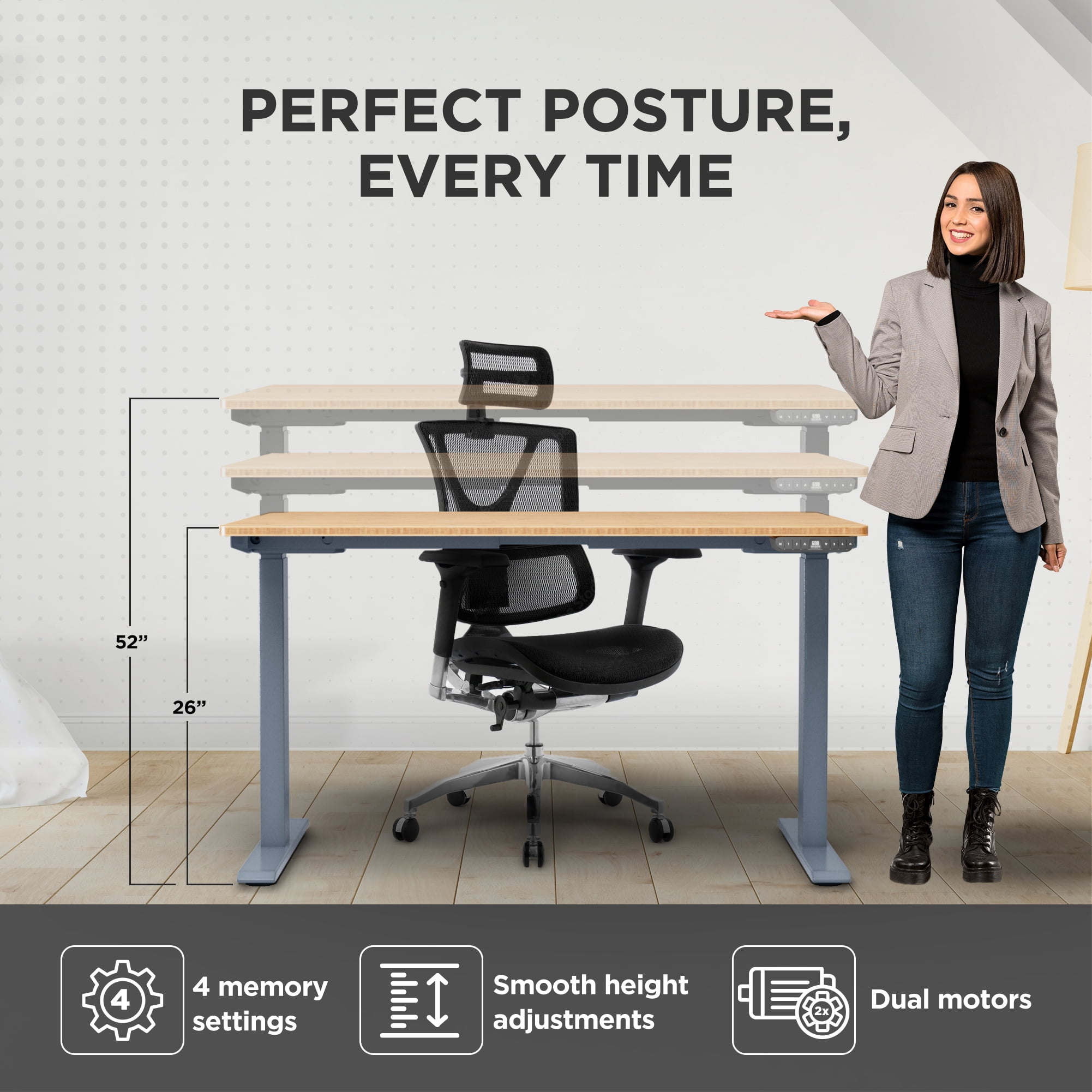 Rise Up 48x30” Bamboo  Solid Top Electric Standing Desk | One-Piece Memory Desktop Dual Motor Adjustable Height Desk 24–49” Ergonomic Sit Stand Workstation