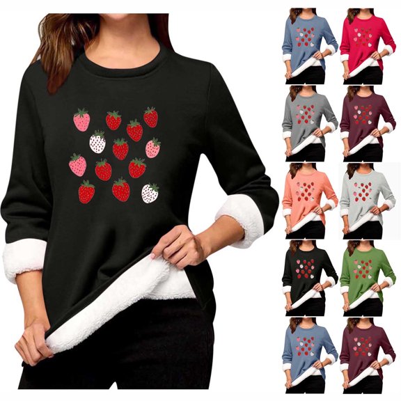 Aboser Thick Fleece Sweatshirts for Women Cute Strawberry Printing Shirts Warm Casual Crewneck Loungewear Comfy Soft Long Sleeve Sweatshirt Undershirts