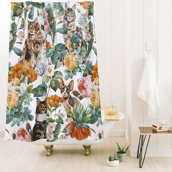 Society6 Burcu Korkmazyurek Cat And Floral Pattern Iii Shower Curtain 71" x 74"
