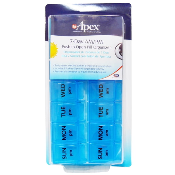 Carex Apex 7-Day AM/PM Push-to-Open Plastic Pill Organizer, Medicine Storage Box, Portable, Compact
