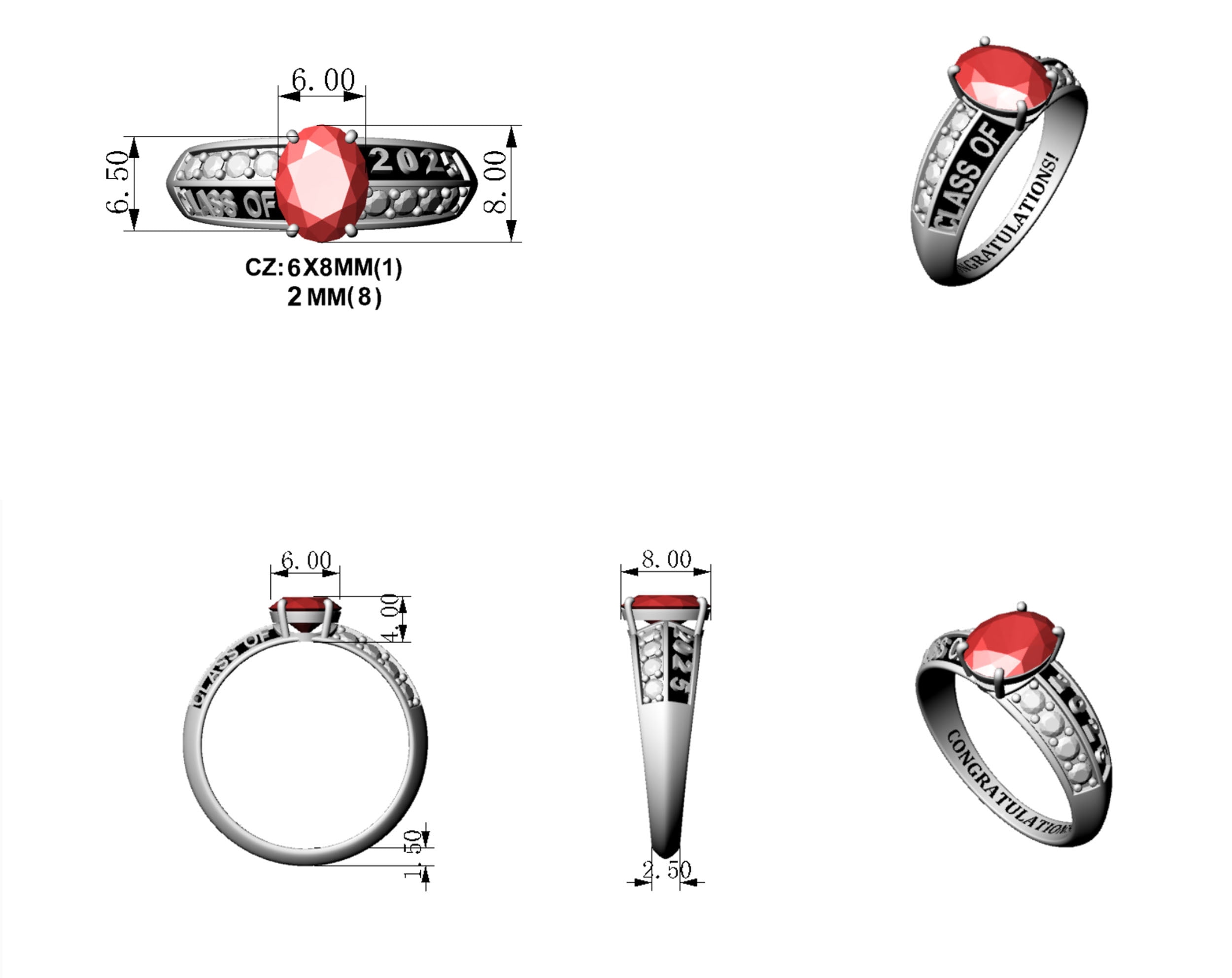 Mementos PJM Custom Women's Class Ring for High School and College-Sterling Silver/Platinum-Prestige