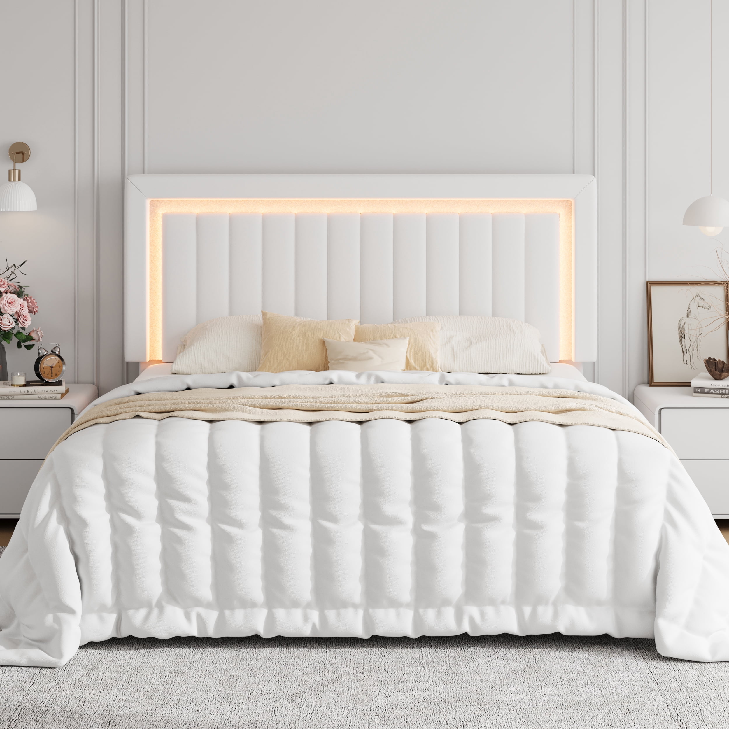 SHA CERLIN King Size Velvet Bed Frame with LED Light, Adjustable Vertical Channel Tufted Headboard, Strong Wooden Slats Support, Noise-Free, No Box Spring Needed, White