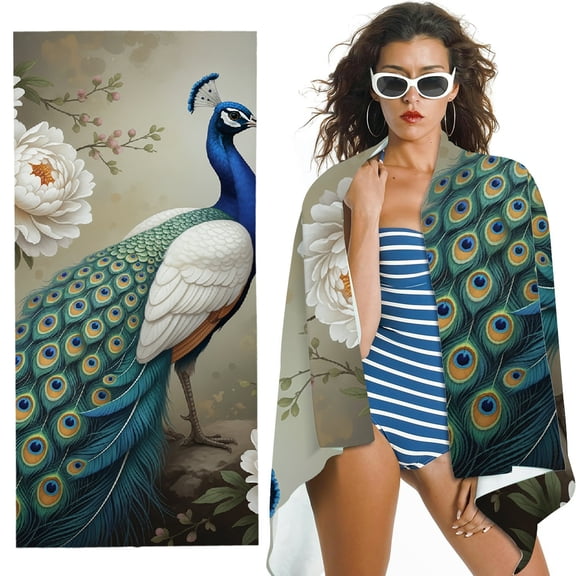 RKSupls Oversized Microfiber Beach Towel - Peacock Print, for Bathroom, beach, Soft Super Absorbent- 30x60 in