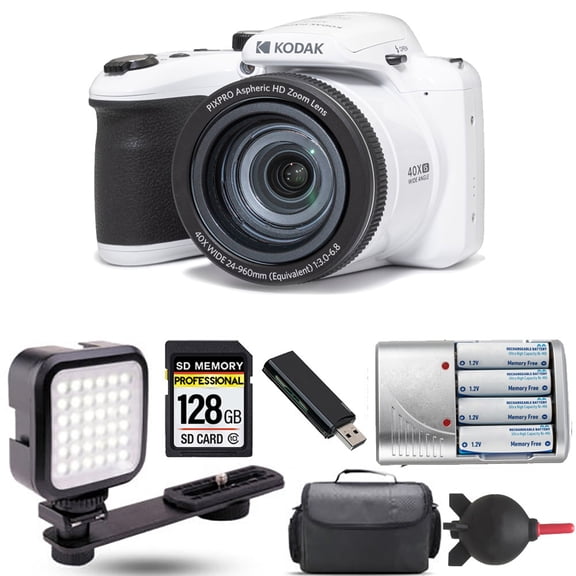 Kodak PIXPRO AZ405 Digital Camera (White)   Extra Battery   LED - 128GB Kit