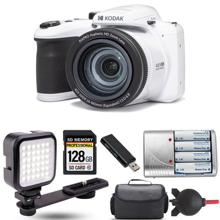 Kodak PIXPRO AZ405 Digital Camera (White) + Extra Battery + LED - 128GB Kit