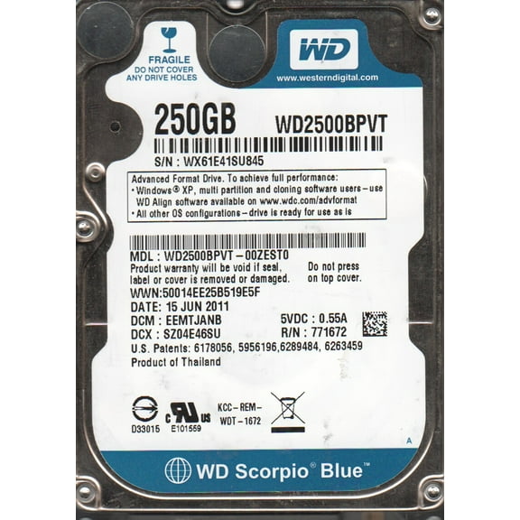 WD2500BPVT-00ZEST0, DCM EEMTJANB, Western Digital 250GB SATA 2.5 Hard Drive