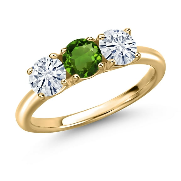 Gem Stone King 10K Yellow Gold Green Chrome Diopside and White Moissanite Engagement Ring for Women | 1.50 Cttw | Round 5MM | Gemstone Birthstone | Size 7