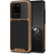 TENDLIN Compatible with Samsung Galaxy S20 Ultra Case Wood Grain with Carbon Fiber Texture Design Leather Hybrid Case