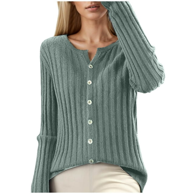 MIASHUI Cardigan en Tricot Ajusté à Col Rond pour Femme, Chandail Confortable à Manches Longues Uni et Doux pour Femme Vert, TTG