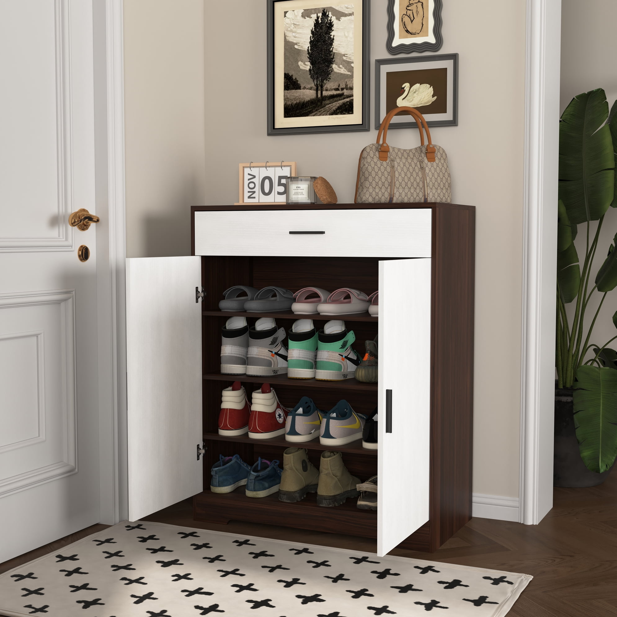 Noble House 4-Tier Shoe Storage Cabinet with Drawer, Adjustable Shelves, Walnut and White