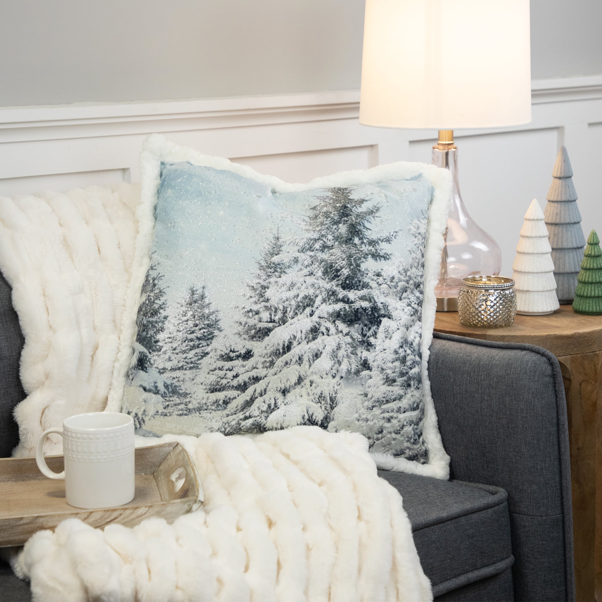 18" Sky Blue Winter Forest Scene Square Christmas Throw Pillow with High Pile Fleece Back