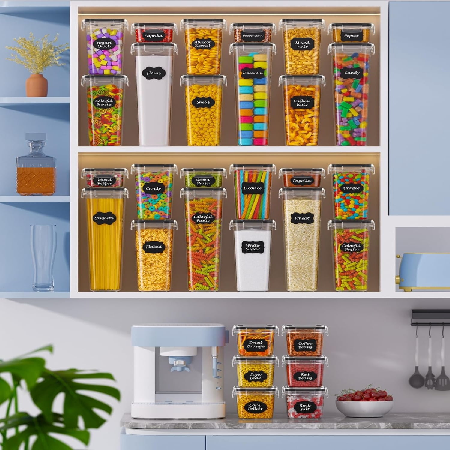 30 PCS Airtight Food Storage Containers with Lids, Kitchen Pantry Organization and Storage, BPA-Free Plastic Scale Food Canisters for Cereal, Flour, Sugar, Dry Food, Include Labels & Marker