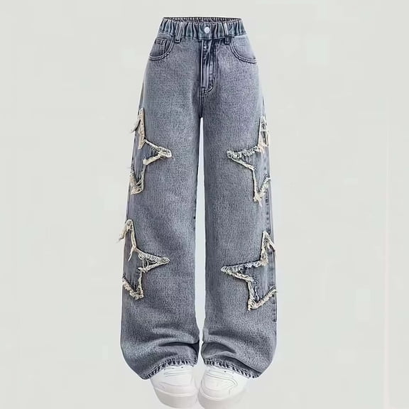 Kids Girls Wide Leg Jeans Elastic Waist Soft Denim Loose Fit Cherry Embroidered Pants for School Party Daily Wear Cute Trousers, 5T-15Y