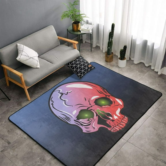 TEQUAN Area Rugs for Living Room Bedroom, Pink Grateful Skull Green Dead Eyes Printed Carpet Non-Slip Door Mat Polyester Floor Mats, 60" x 39"
