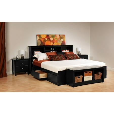 Prepac Brisbane Collection King Bed Set with Nightstands and Cubbie Bench, Black