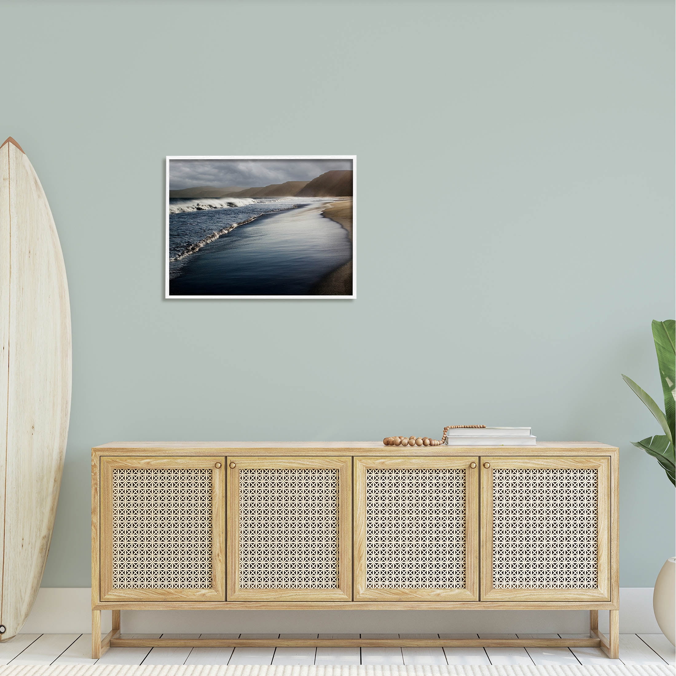 Beach Foam Rolling Waves Coastal Photograph White Framed Art Print Wall Art