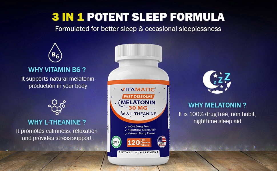 (2 pack) Vitamatic Melatonin, B6 & L-Theanine, Natural Berry, 120 Fast Dissolve Tablets
