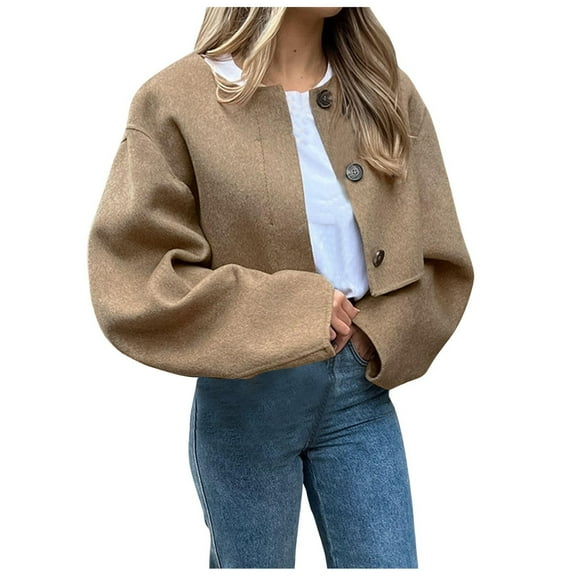 Women Cropped Wool Blend Coat Short Jacket Long Sleeve Button Down Crop Jacket Women Jacket