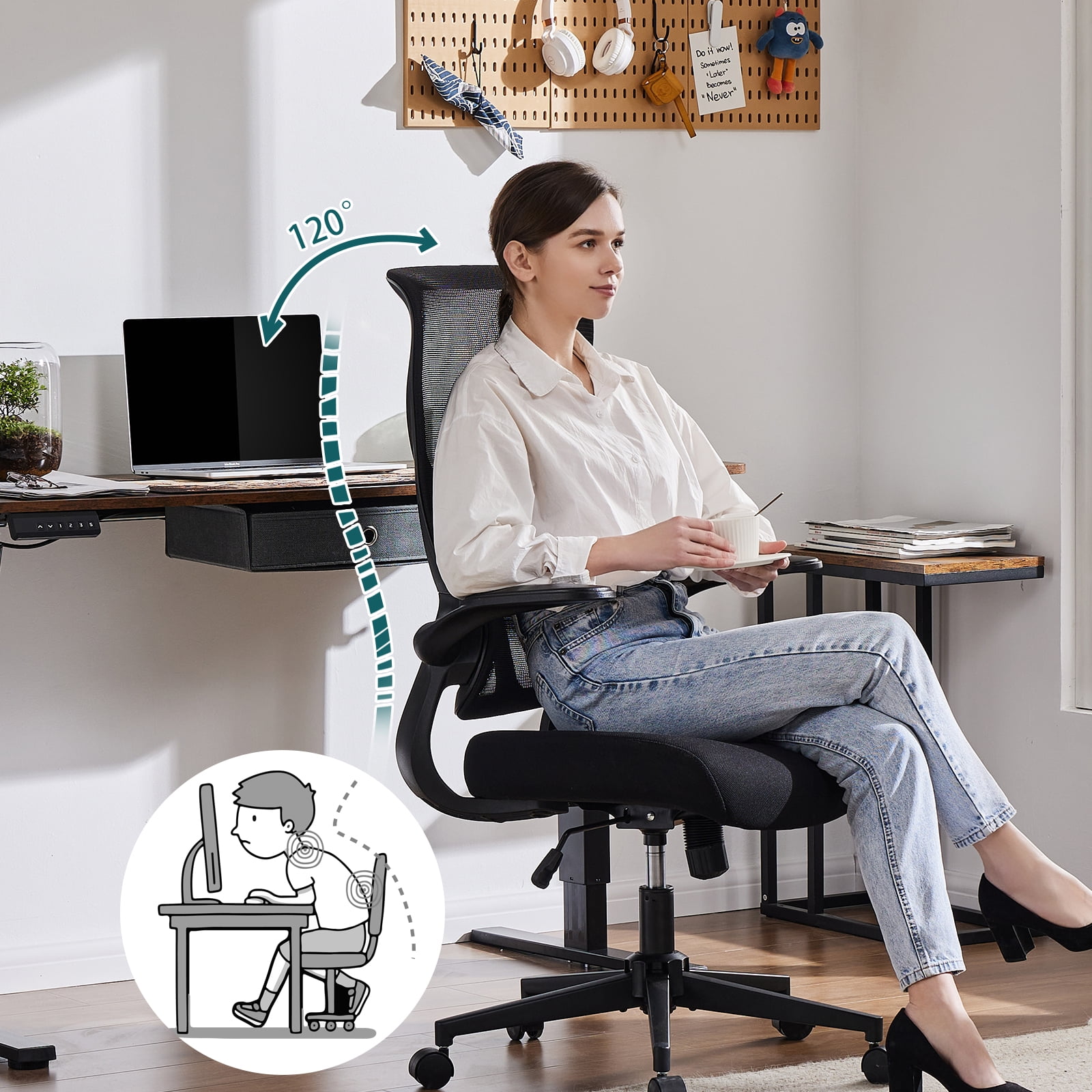 wOod-it Executive High Back Ergonomics Computer Office Chair,Adjustable Height,Rocking Tension and Flip-Up Armrest,Mesh Thick Seat Cushion Swivel Office Chair