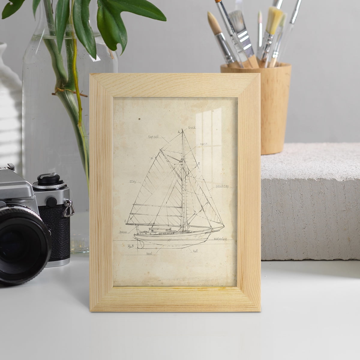 Sailboat Blueprint III -Framed Print w/glass-Natural Wood