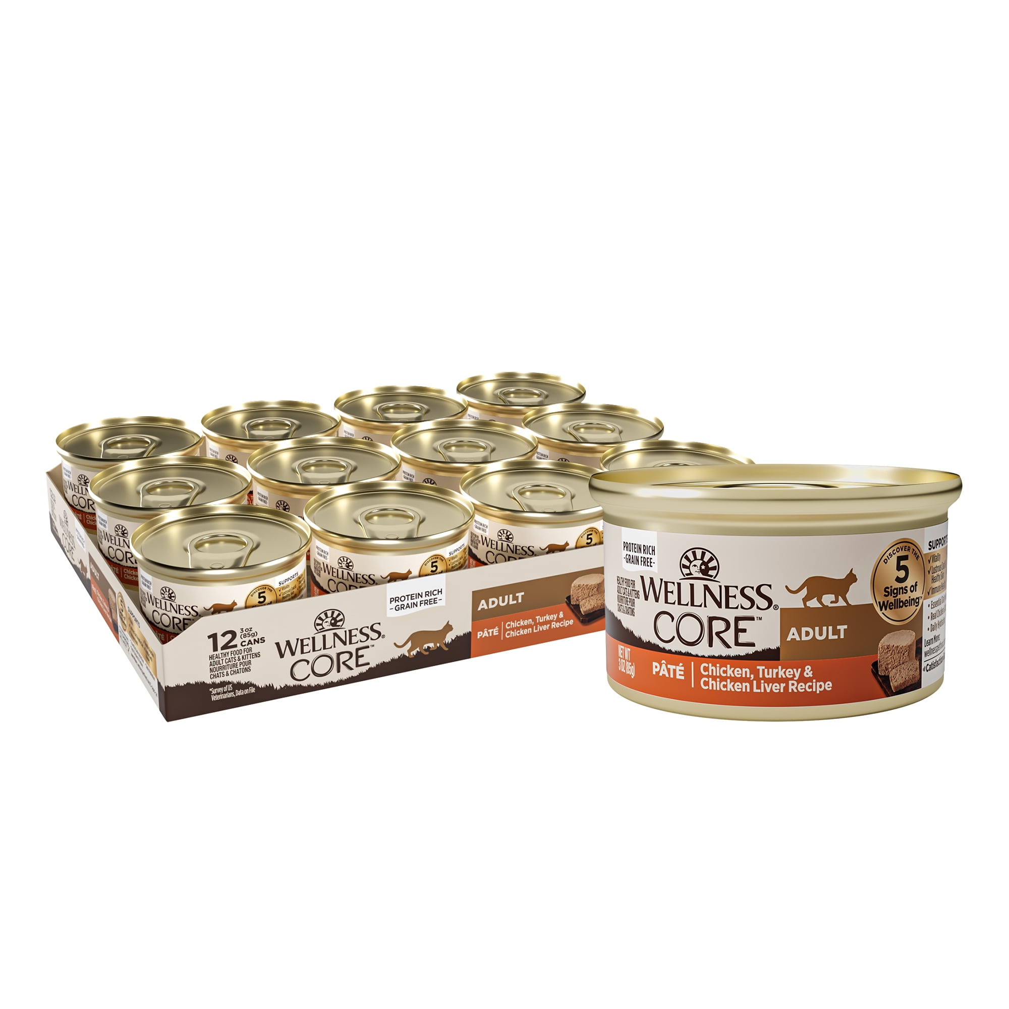 Wellness CORE Pate Adult Canned Wet Cat Food, Natural, Protein Rich, Grain Free, Chicken and Turkey Recipe, 3 oz, Pack of 12 Cans