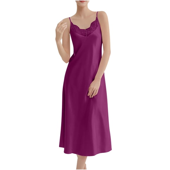 Womens Satin Sleep Dress Sexy Long Nightgown Lace Trim Round Neck Silk Lingerie Slip Dress Sleeveless Sexy Spaghetti Strap Nightdress Lightweight Full Length Sleepwear Elegant Robes Purple S