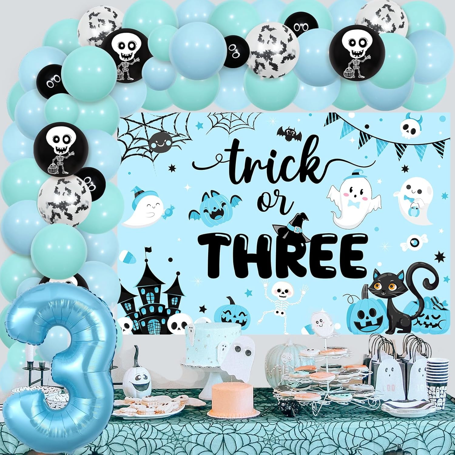 Jollyboom Halloween 3rd Birthday Party Decorations Boy, Trick Or Three Birthday Decoration Backdrop Balloon Garland Kit Number 3 Foil Balloon Blue Black for Boy Trick Or Treat Three Spirit Party