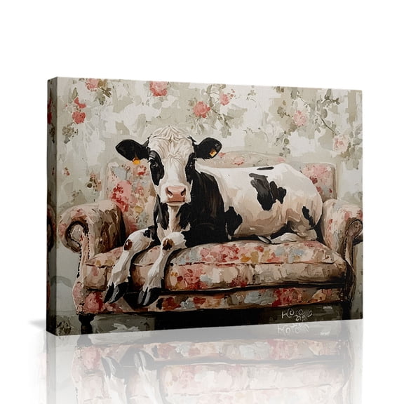 Vintage Floral Couch Cow Canvas Wall Art (Quirky Farm Tone) Ready to Hang for Living Room