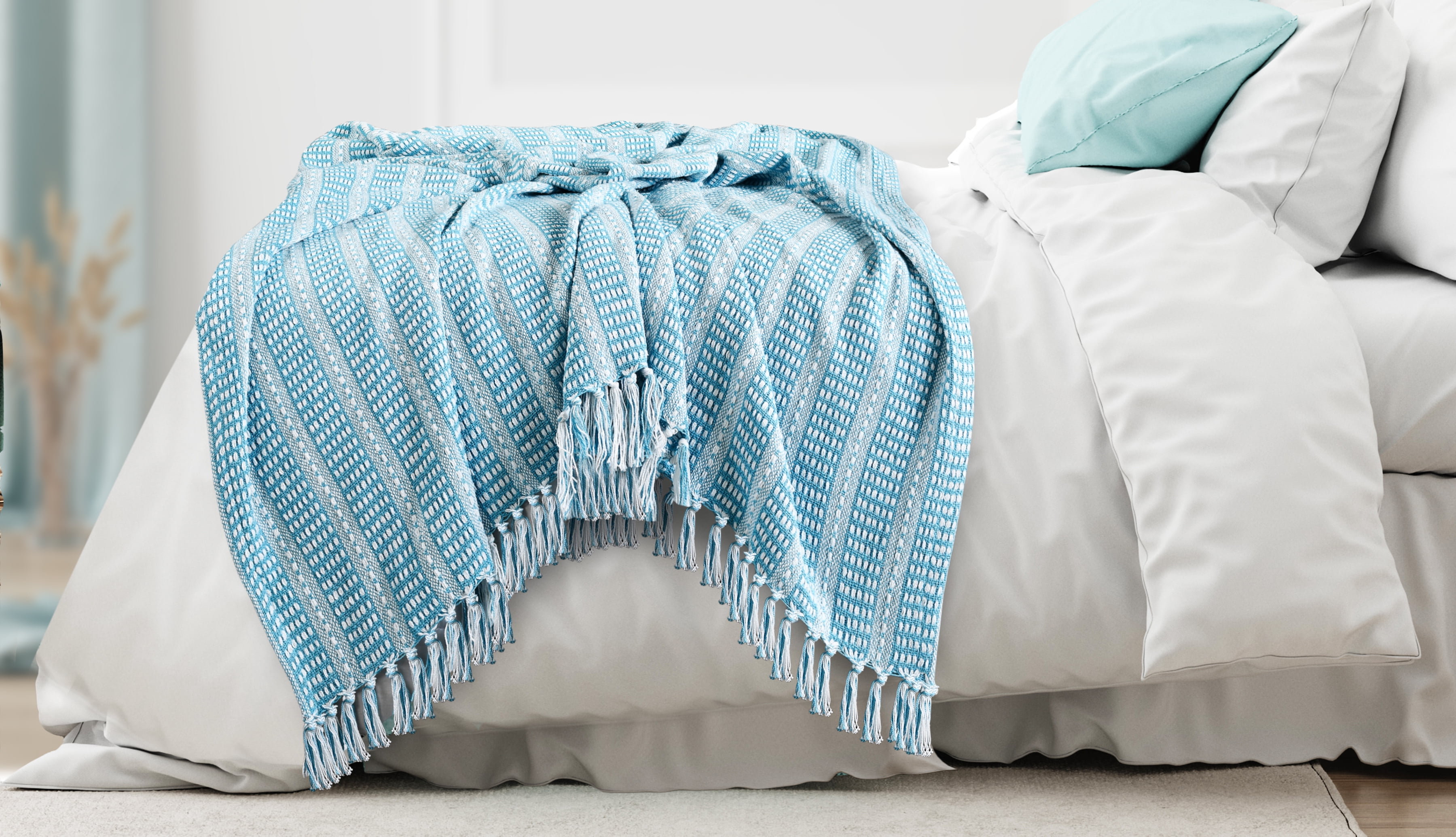 Ox Bay And Evette Rios Maui Blue Geometric Striped Adult Cotton Throw Blanket, 50" x 60"