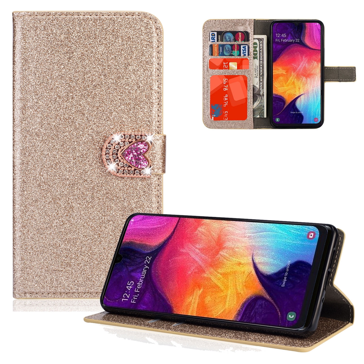 Allytech Galaxy A50 Wallet Case for Girls Women, PU Leather Glitter