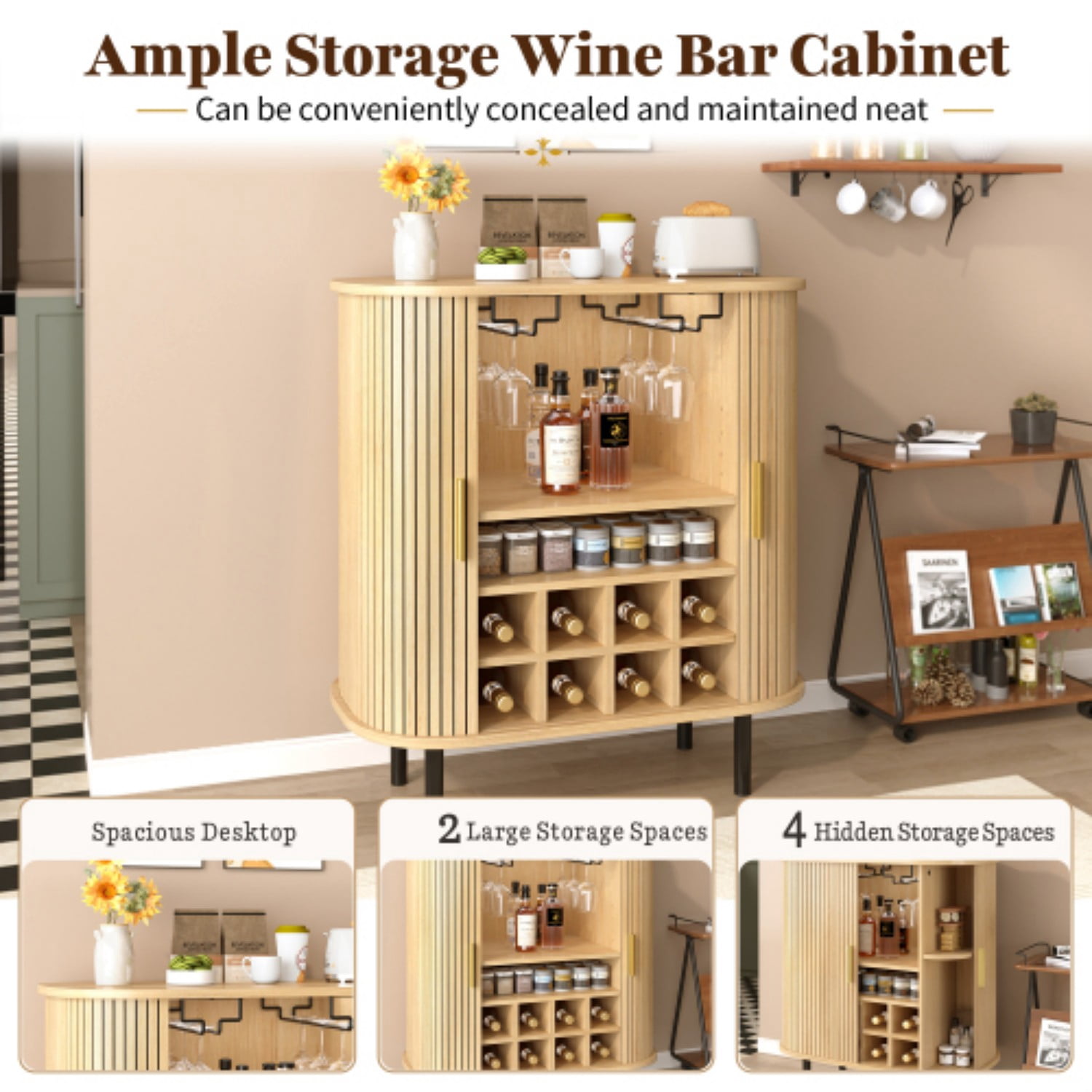 28" Fluted Wine Bar Cabinet, Modern Liquor & Coffee Bar Station with Sliding Tambour Doors, Wine Rack, Glass Holders & Adjustable Shelves, Natural
