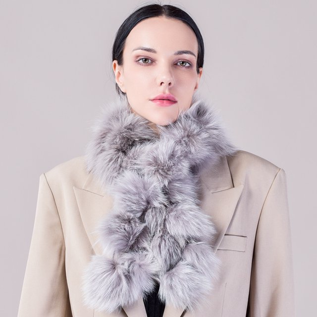 Bufanda de piel de zorro para mujer, estilo coreano, bonita bola de piel de mapache de invierno, bufanda de piel cálida y gruesa de doble cara