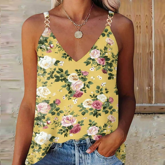 GaThRRgYP Plus Size Tops for Women,Summer Tops for Women,Women's Summer Casual Sleeveless Floral Printing Blouse V-Neck T-Shirt Yellow XXL