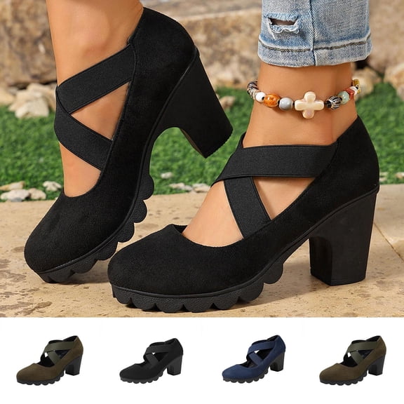 Women’s Crisscross Elastic Strap Mary Jane Heels, Round Toe Platform Chunky Block Heel Pumps, Slip On Dress Shoes Green 9.5(43)