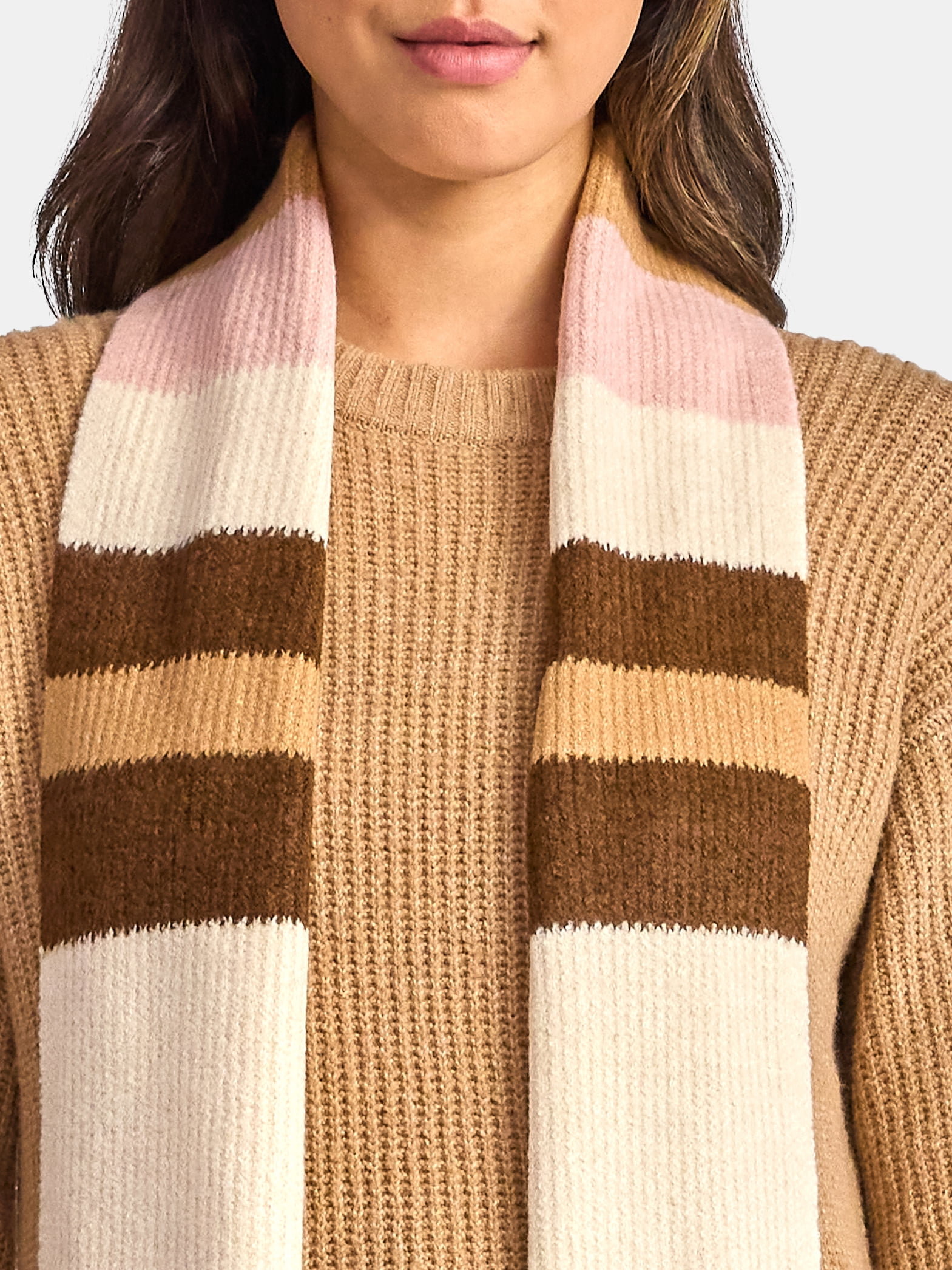 Time and Tru Women's Ribbed Crewneck Sweater and Stripe Scarf Set, 2-Piece, Sizes XS-XXXL