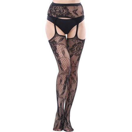 

DNDKILG Women s Garter Fishnet Tights Nylon Suspender Control Top Panty Hose Black one size
