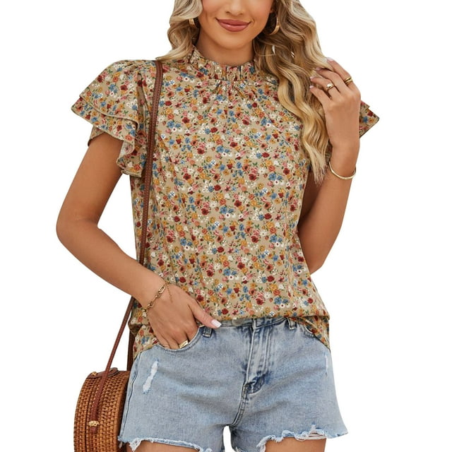 Mujeres de manga corta Top floral impresión frill TRIM moda casual blusa para el hogar citas trabajo
