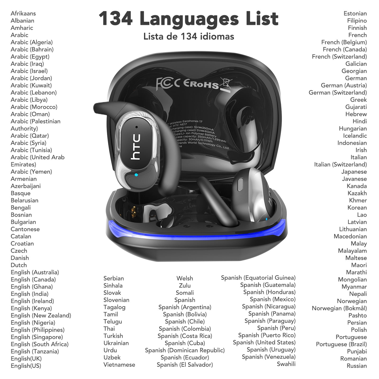 HTC NE17 Translation Earbuds Open Ear Headphone Sports 135 Languages Bluetooth 6.0 for HD Stereo Sound Waterproof