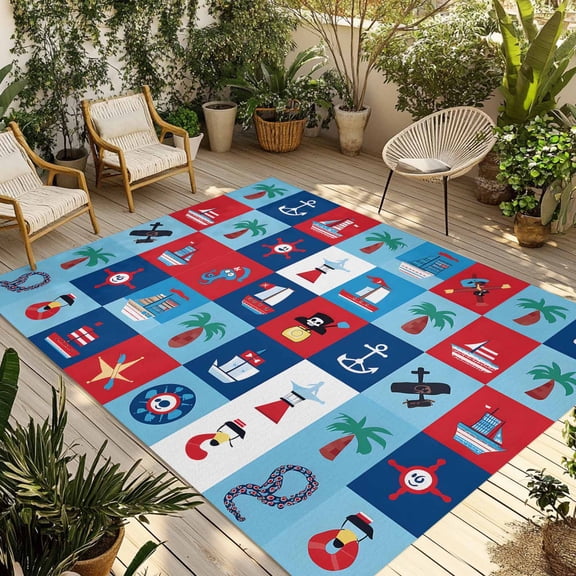 Fsddascl Red Blue Plaid Coastal Outdoor Rug for Patio/Deck/Porch, Non-Slip Large Area Rug 5 x 8 Ft, Nautical Summer Beach Ship Indoor Outdoor Rugs Washable Area Rugs, Reversible Camping Rug Carpet