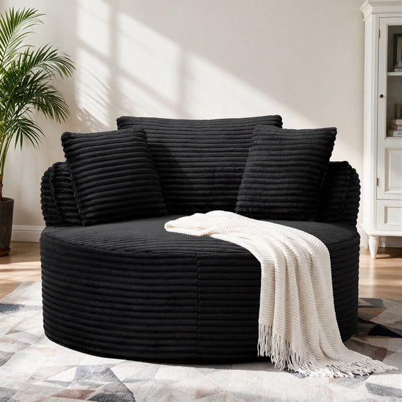 Vanress 53'' Oversized Round Chaise Lounge Chair Indoor,Upholstered Corduroy Deep Seat Cloud Circle Sofa Chair,Modern Fluffy Comfy Floor Reading Armchair for Living Room,Bedroom,No Assembly,Black