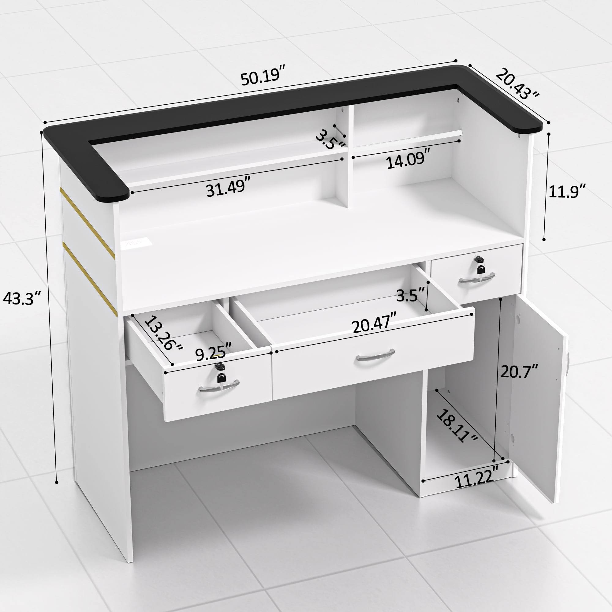 HARIPUL 50-inch Reception Desk with Counter, Front Desk Office Desk with Storage Shelves & LED Lights, White