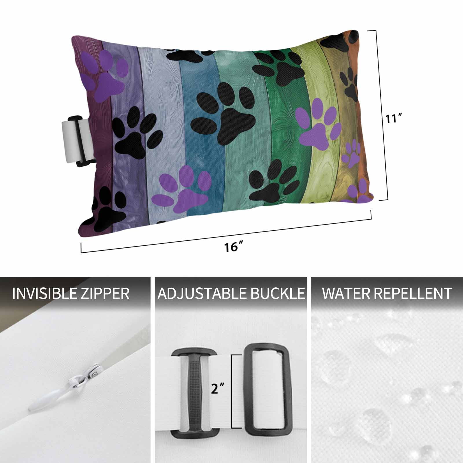 Colorful Dog Outdoor Chaise Lounge Pillows Paw Prints on The Board Lumbar Pillows with Insert Adjustable Elastic Strap Headrest Pillow for Recliner Patio Chair 1 Pack 11x16 Inch