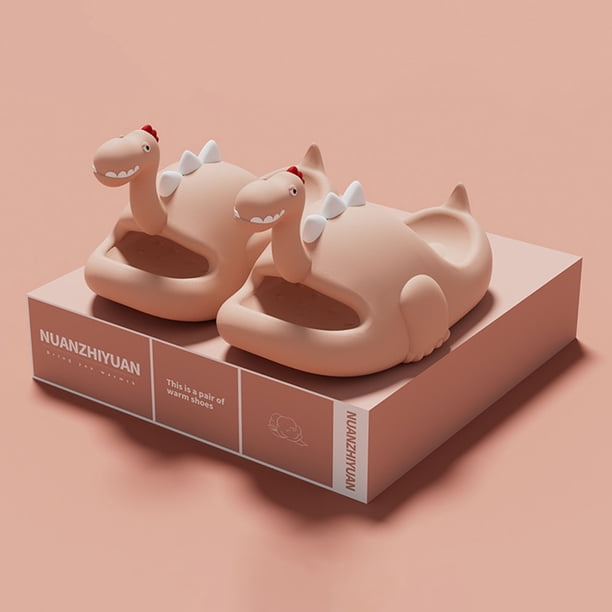 Pantuflas de dinosaurio Dinosaurio 3D Diapositivas lindas Punta abierta Antideslizante Suave Cómodo Secado rápido (Rosa 35-36)