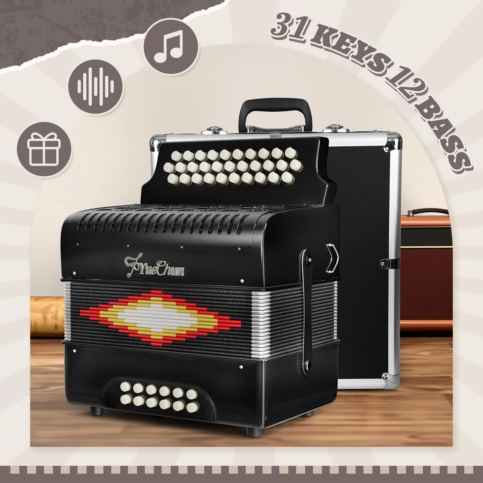 YueChun Accordion, 31 Keys 12 Bass G/C/F Diatonic Button Accordion , Portable Professional Button Accordion with Case (Black)