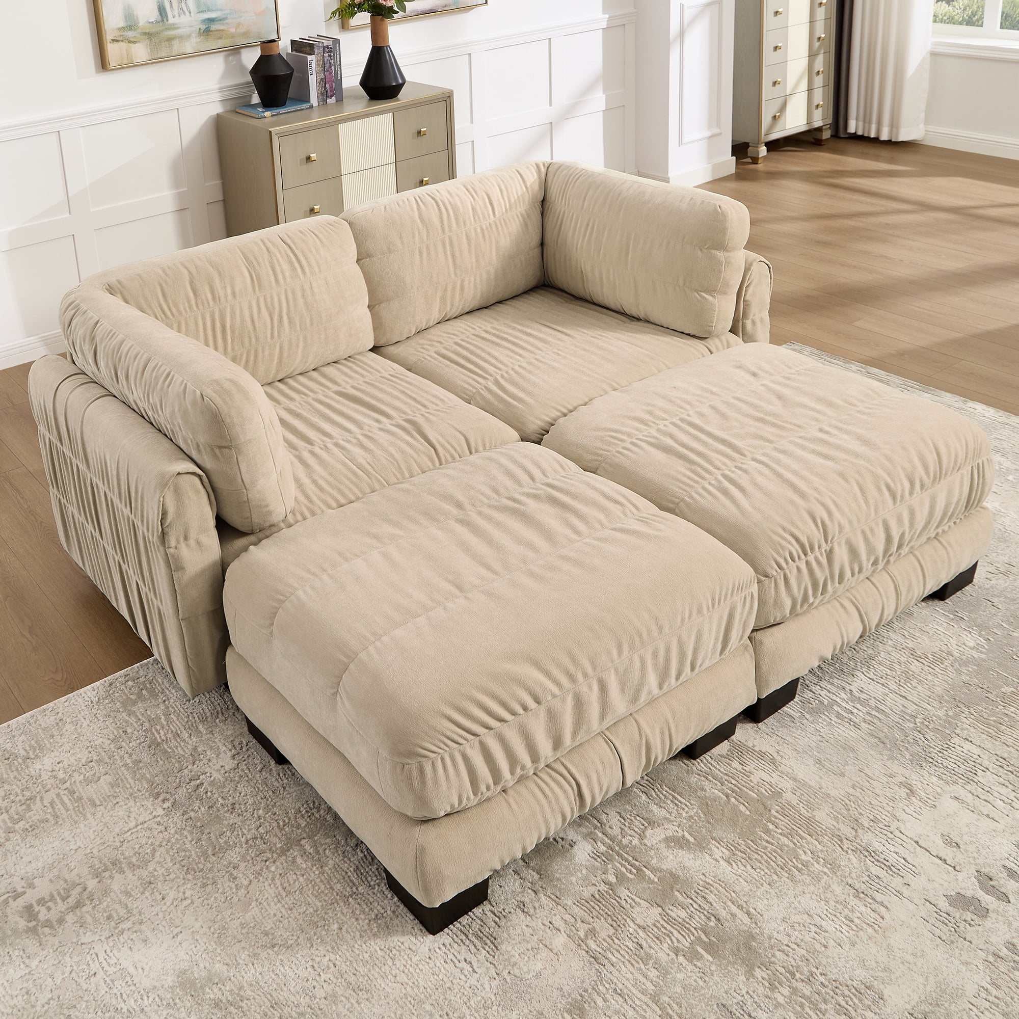 78" 2 Seat Chenille Modular Sectional Sofa with 2 Movable Ottoman and L Shape Back Cushions,Easy Assembly
