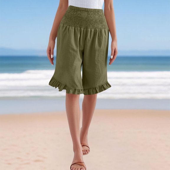 Shorts for Women Plus Size Cotton Linen Summer Solid Color Loose Straight Tube with Pocket Hem Lace Shorts