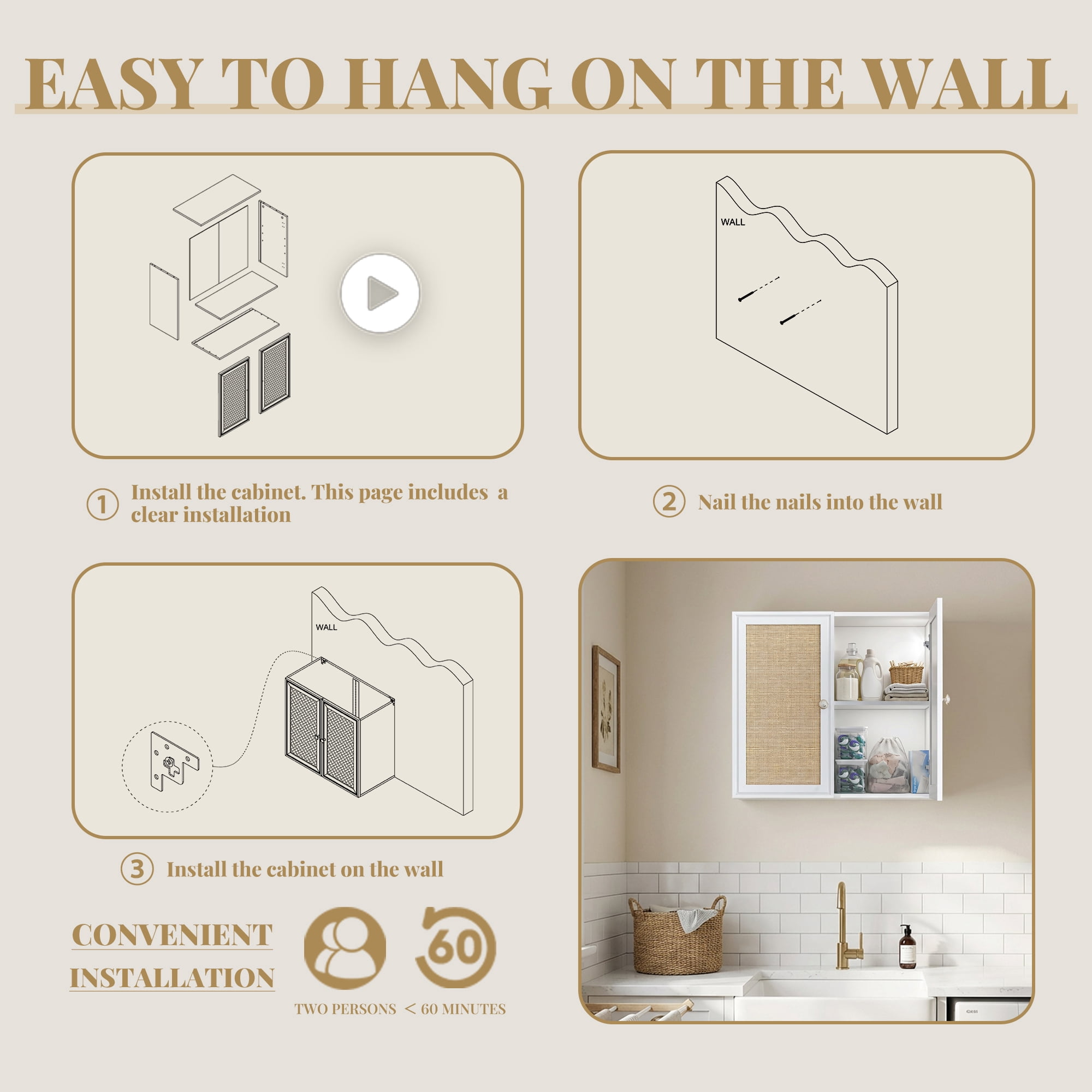 Rattan Laundry Room Cabinets, Bathroom Cabinets Wall Mounted with Adjustable Shelves, Wall Cabinet for Kitchen