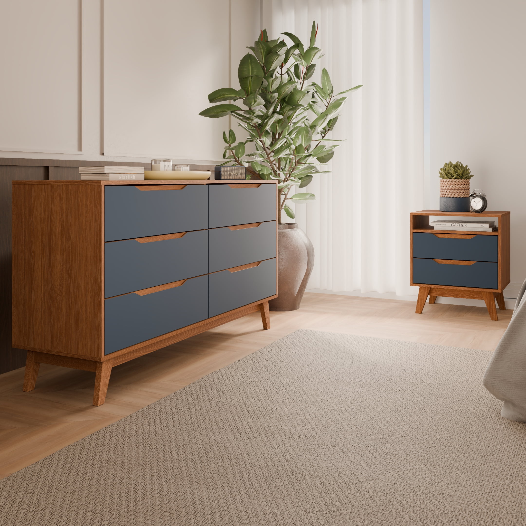 Kappesberg Bedroom Furniture Set with 6-Drawer Dresser and 2-Drawer Nightstand Golden Oak/Blue – Modern Storage Combo
